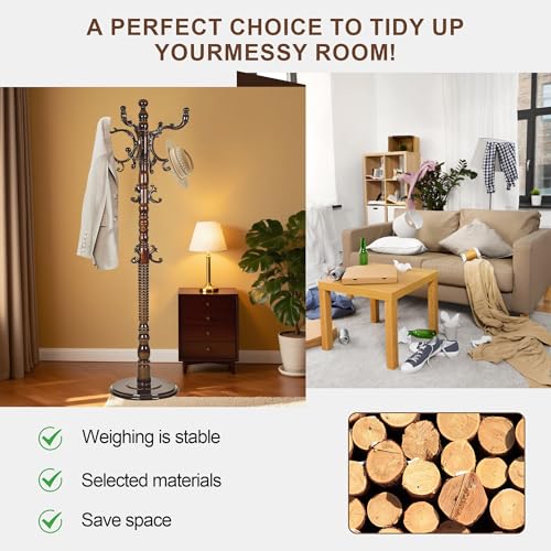 Wooden Coat Rack Freestanding with 18 Hooks, Adjustable Height Coat Tree Free Standing Heavy Duty for Entryway, Easy Assembly Solid Wood Sturdy Coat Hats Hanger Stand for Office Hallway Bedroom - color: Brown-Resin Hook