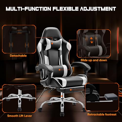 Sweetcrispy Gaming Chair, High Back Office Chair, Home Office | PU Leather Ergonomic, Adjustable Headrest Footrest, Linkage Armrest, Video Racing, White - color: Pu White