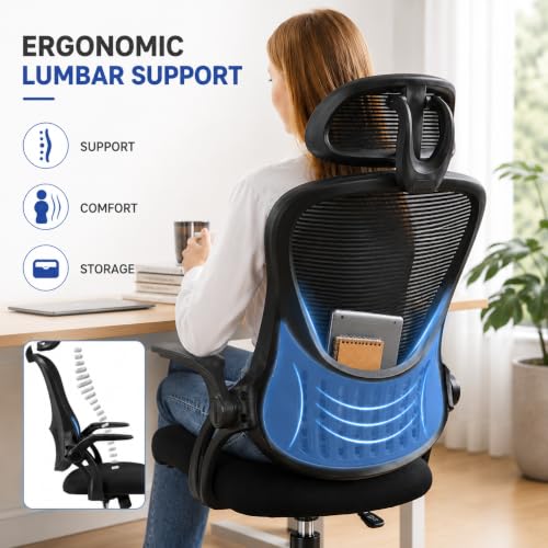 Black Ergonomic Office Chair, High Back Mesh Desk Chair with Adjustable Headrest Lumbar Support, Computer Chairs with Flip-up Armrests and Thickened Cushion for Adults Home Office, 360° Swivel - color: Black With Headrest