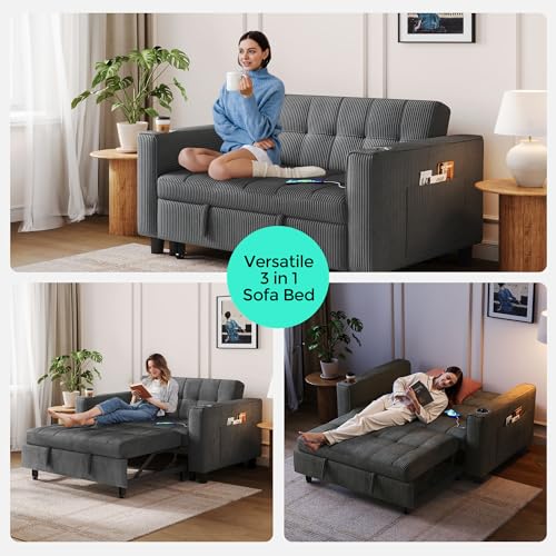 LINSY 54" Pull Out Couch with Charging Station - Sleeper Sofa Bed with Cup Holder, Small 3 in 1 Convertible Loveseat Sleeper Couch for Apartment, Dorm Room, Bedroom and Small Space, Dark Gray - color: Charcoal
