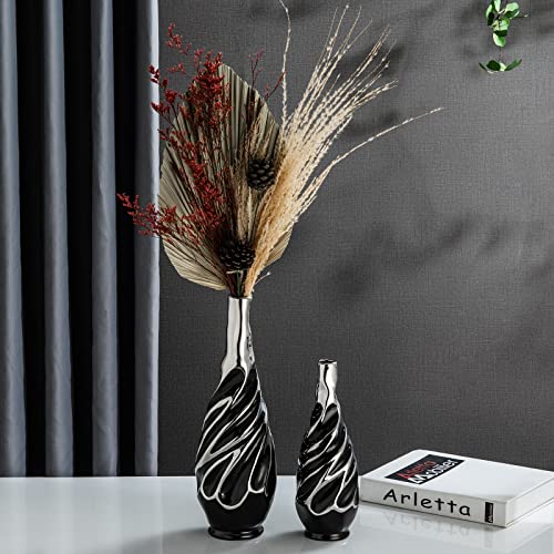 Yundu Black with Silver Vase Set of 2 - Pampas Grass Vase, Ceramic Vases Ideal for Living Room, Shelf, Coffee, Home Decor. Boho & Modern Centerpieces Flowers Vases - color: Black With Silver