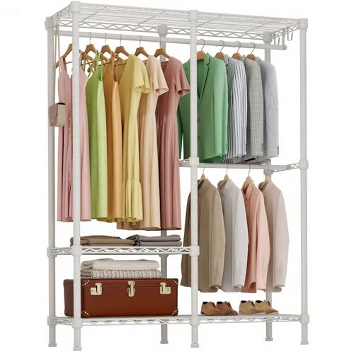 Higeego H18 Clothes Rack for Hanging Clothes, Heavy Duty Garment Rack | Clothing Rack, Portable Closet with Hanging Rods, Freestanding Wardrobe Closet, with Adjustable Shelves, White