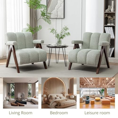 Mid Century Modern Accent Chairs Set of 2 with Solid Wood Frame, Boucle Upholstered Living Room Chairs with Thick Cushion, Comfy Tufted Arm Chair for Bedroom, Sage - color: Sage, size: 1-seater, 2-piece set