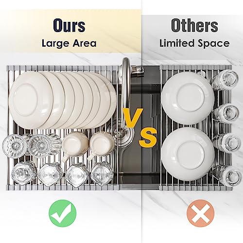Tomorotec 17.7" x 15.5" Roll Up Dish Drying Rack Over Sink Drying Rack Sink Cover Kitchen Sink Accessories Gadget Multipurpose Organizer Foldable Stainless Steel Drainer (Grey) | Anti-Slip Silicone Rims For Grip, Heat-Resistant Trivet Mat Holding Heavy Co