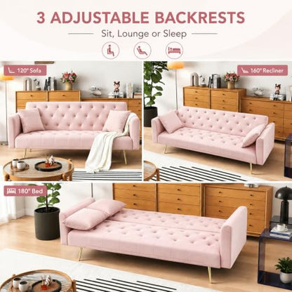 Anwick 72''Modern Velvet Sofa Bed Futon,Convertible Folding Sleeper Couches with 3 Adjustable Backrests,Tufted Recliner Loveseat with Golden Chrome Legs for Living Room Apartment Office (Pink-new) - color: Pink-new