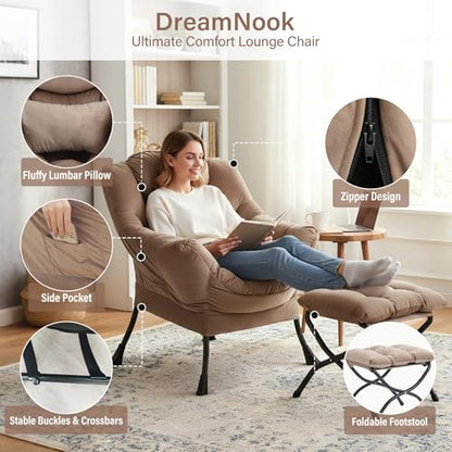 Lazy Chair with Ottoman, Velvet Reading Chair with Pillow，Black | Comfy Accent Lounge Chair with Pillow & folding Foot Stool, sturdy metal frame for bedroom, dorm or apartment, Living Room - color: Pure Khaki