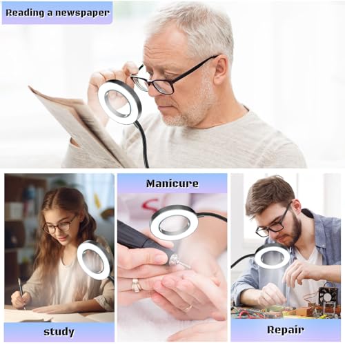 10X Magnifying Glass with Light Clip on Mganifier with 48 LED Lights | Desk Magnifying Glass wtih Clamp, 3 Modes Dimmable Magnifying LED Lamps for Bed Work Crafts DIY