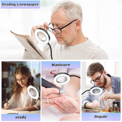 10X Magnifying Glass with Light Clip on Mganifier with 48 LED Lights | Desk Magnifying Glass wtih Clamp, 3 Modes Dimmable Magnifying LED Lamps for Bed Work Crafts DIY