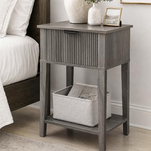 Weathered Gray 15.4" Wide Small Nightstand, Drawer,Open Shelf,Fluted | Weathered gray tone, ribbed fluted front, 11.8-inch slim depth, concealed storage, cool fit for sofa side or chair side - color: Weathered Gray