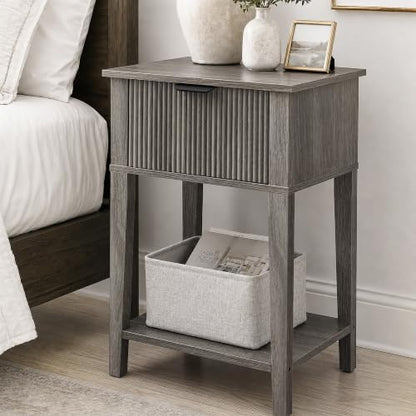Weathered Gray 15.4" Wide Small Nightstand, Drawer,Open Shelf,Fluted | Weathered gray tone, ribbed fluted front, 11.8-inch slim depth, concealed storage, cool fit for sofa side or chair side - color: Weathered Gray