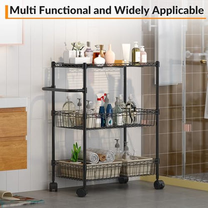 Black 3 Tier Rolling Storage Cart, Metal Wire Kitchen Cart with Baskets & Handle, Utility Trolley on Wheels for Kitchen, Bathroom, Laundry, Pantry & Office - color: Black