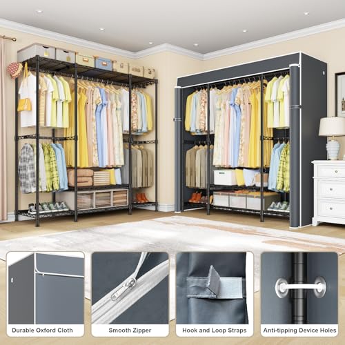 E3C Black Clothes Rack with Gray Cover, Heavy Duty Garment Rack | Freestanding Metal Closet System Storage Organizer for Clothing, Clothing Rack Holds up to 850 lbs, 59.5"W x 16.5"D x 77.4"H - color: Black Rack with Gray Cover