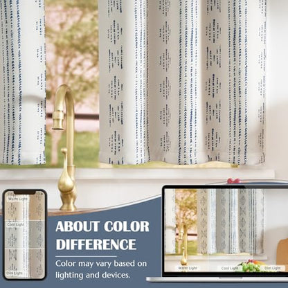 jinchan Boho Blackout Kitchen Tier Curtains, 24 Inch, Blue on Beige | Blue geometric print on warm beige, soft blackout backing, 2 panels, rod pocket, for kitchens, bedrooms, RVs and campers - color: Blackout Backing | Blue on Beige, size: 25"W x 24"L (Pa