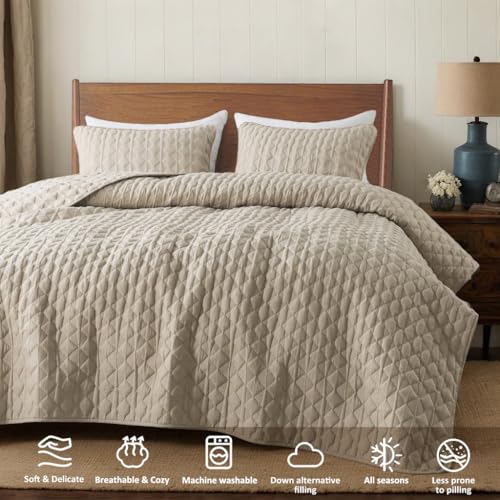 Beige Quilt King Size Bedding Sets with 2 Pillow Shams, Lightweight Soft Bedspread Coverlet, Quilted Blanket Thin Comforter Bed Cover, All Season Summer Spring, Tan Cream, 3 Pieces, 104x90 inches - color: Beige, size: King