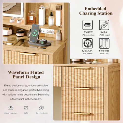 Arulvmrn Makeup Vanity Desk with Mirror and Lights, 43.3'' Glass Tabletop Vanity Table with 5 Drawers & Shelves,Big Vanity Set for Bedroom, Oak - color: Oak