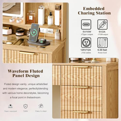 Arulvmrn Makeup Vanity Desk with Mirror and Lights, 43.3'' Glass Tabletop Vanity Table with 5 Drawers & Shelves,Big Vanity Set for Bedroom, Oak - color: Oak