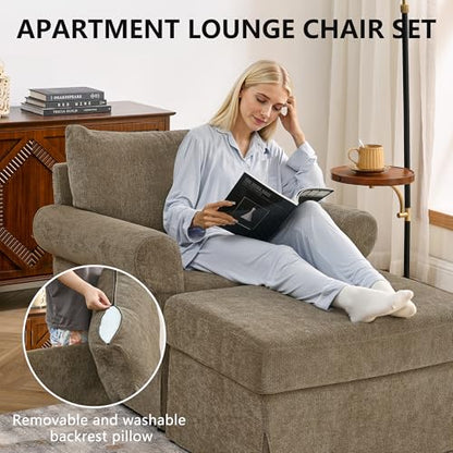 Eafurn Modern Chenille Accent Chair with Ottoman for Small Space, Comfy Upholstered Reading Chairs Lounge Armchair with Foot Rest, Sturdy Solid Wood Frame for Living Room - color: Brown 37.5"