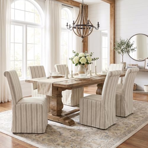 chairus Slipcovered Parsons Dining Chairs Set of 6, Upholstered Dining Room Chairs with Removable Linen Cover & High Back, Modern Farmhouse Wooden Side Kitchen Chairs, Khaki Stripe - color: Khaki Stripe Linen, size: 6 Chairs