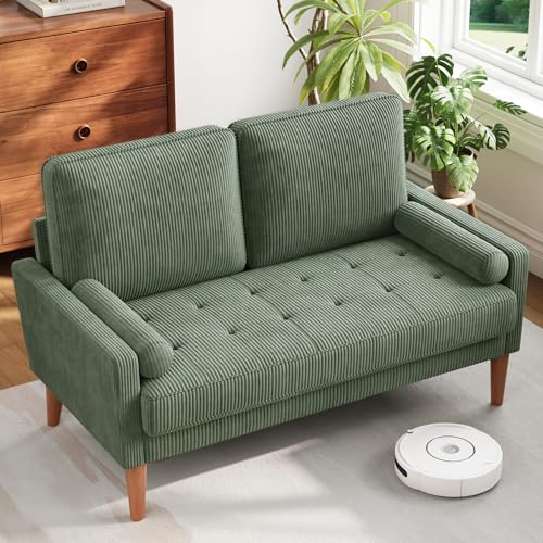Vesgantti 48" Loveseat Sofa, Small Corduroy Couch with Solid Wood Legs | Small Couches for Small Spaces, Mid Century Modern Loveseat, Easy Assembly Sofa for Living Room, Bedroom, Green - color: Corduroy Green