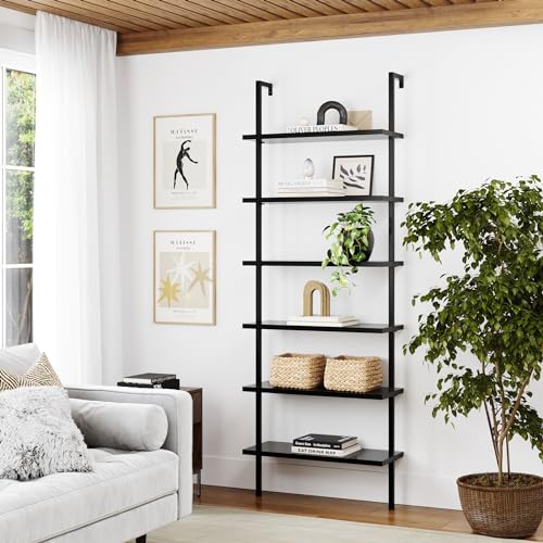 Nathan James Theo 6-Shelf Tall Bookcase, Wall Mount Bookshelf Wood Shelves and Metal Frame, Matte Black - color: Black, size: 1
