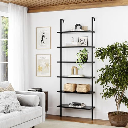 Nathan James Theo 6-Shelf Tall Bookcase, Wall Mount Bookshelf Wood Shelves and Metal Frame, Matte Black - color: Black, size: 1