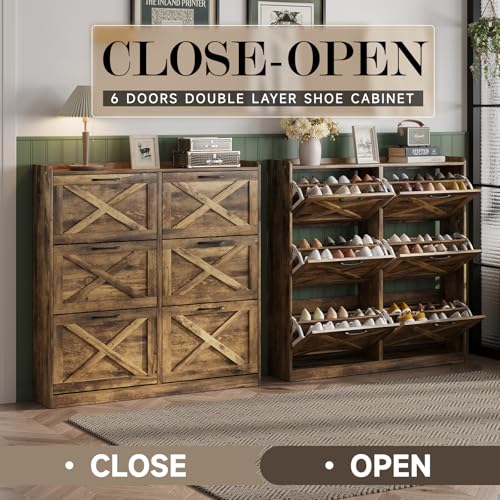 Maupvit Large Shoe Storage Cabinet with 6 Flip Drawers, Freestanding Shoe Organizer with Metal Handles for Entryway, Narrow Shoe Rack Cabinet, Rustic Brown - color: Rustic Brown, style: 6-Drawers