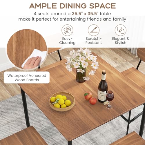 Giantex 5-Piece Dining Table Set W/Counter Height Table & 4 Bar Stools, Industrial Kitchen Dining Table Set W/Footrest & Backrest, Space-Saving Dinette Set for Pub, Dining Room, Restaurant (Teak) - color: Teak