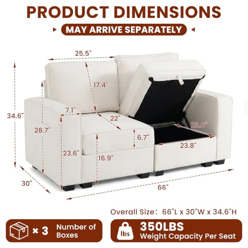 66" Small Sectional Couches with Storage for Living Room, Modular Loveseat Sofa with Removable Chenille Cover & USB Charging, Comfy Living Room Couch, Beige - color: Beige
