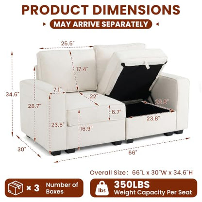 66" Small Sectional Couches with Storage for Living Room, Modular Loveseat Sofa with Removable Chenille Cover & USB Charging, Comfy Living Room Couch, Beige - color: Beige