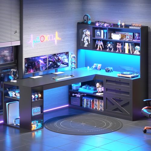 SEDETA 61" Farmhouse L Shaped Gaming Desk with Drawers, Bookshelf Storage | Computer Desk with Storage Shelves and Power Outlet, Corner Gaming Desk with LED Light and Display Cabinet for Home Office - color: Black, size: L Shaped Desk
