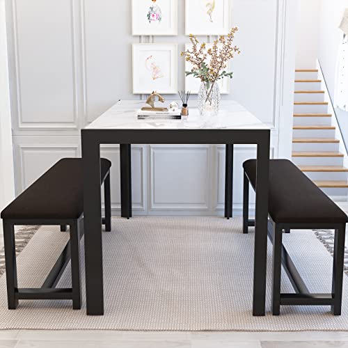 Dining Room Table Set with 2 Benches, Dining Table Set for 4-6, Dinner Table Set for 4, Faux Marble Breakfast Table Set & PU Leather Upholstered Benches for Small Spaces, Apartment, White - color: White