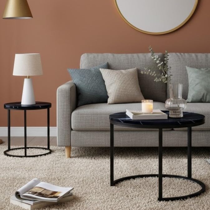Nesting Side Tables, Coffee Table Set of 2 with Sturdy Metal Frame, Modern Industrial Simple Nightstand for Living Room Bedroom Apartment (Black) - color: Black