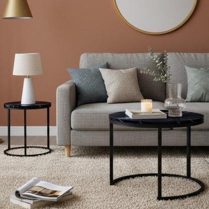 Nesting Side Tables, Coffee Table Set of 2 with Sturdy Metal Frame, Modern Industrial Simple Nightstand for Living Room Bedroom Apartment (Black) - color: Black