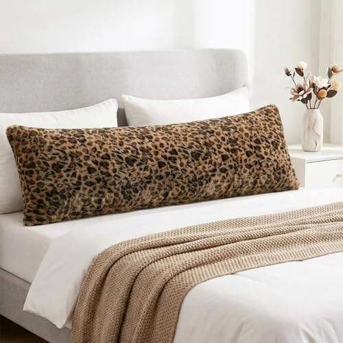 Leopard Body Pillow Cover 20x54 Inches, Brown Cheetah Faux Fur Fluffy Long Pillowcase with Zipper, Soft Shaggy Plush Fuzzy Body Pillow Cover for Bed Sofa Couch, Cozy Side Sleeper Pillow Cover - size: 54"x20"(Pack of 1)