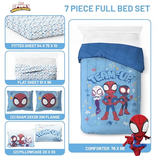 Jay Franco Marvel Spidey and His Amazing Friends 7 Pc Full Comforter Set | Super Soft Microfiber Bed in a Bag, Superhero Bedding, Ghost-Spider, Machine Washable, Official Marvel Product, Kids Gift - color: Light Blue - Spidey & His Amazing Friends, size:
