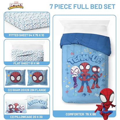 Jay Franco Marvel Spidey and His Amazing Friends 7 Pc Full Comforter Set | Super Soft Microfiber Bed in a Bag, Superhero Bedding, Ghost-Spider, Machine Washable, Official Marvel Product, Kids Gift - color: Light Blue - Spidey & His Amazing Friends, size: