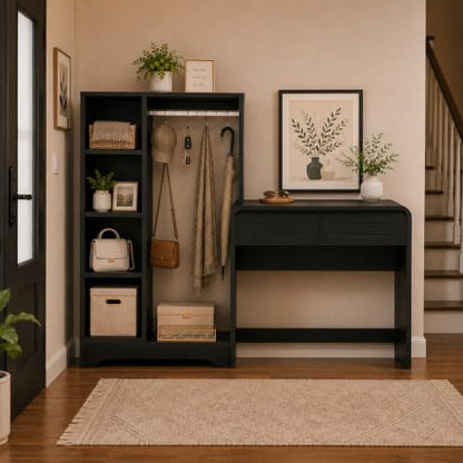 Vanity Desk, Makeup Vanity Desk with Drawers and Hanging Rack | 4 Tier Shelves, Modern Makeup Vanity Table with Curved Profile Design, Makeup Dressing Desk for Bedroom, Black - color: Black, size: 15.7"D x 70"W x 47"H