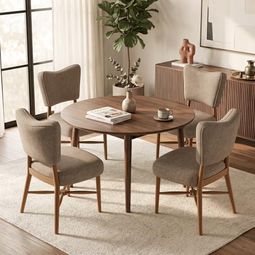 Mid Century Dining Chairs Set of 4, Linen Seat, Wood Legs, Brown | Farmhouse, Upholstered Padded Cushion, Solid Wood Cross-Brace, Easy 15-Min Assembly, Kitchen Dining Room - color: Brown, size: Set of 4