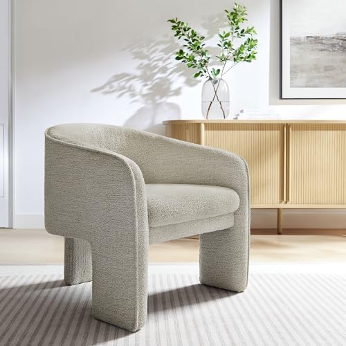 Modway Greer Comfy Barrel Accent Chair with 3 Legs in Parchment Boucle Fabric – Cozy Round Reading Armchair – Mid Century Modern Upholstered Wide Barrel Dining Chair with Curved Back - color: Parchment