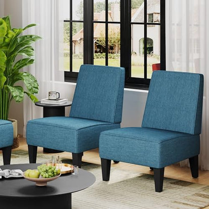 Armless Accent Chairs Set of 2, Blue Upholstered Linen Slipper Chair with Solid Wood Legs, Mid Century Modern Side Chairs for Small Living Room Bedroom Apartment Reading Nook - color: Blue