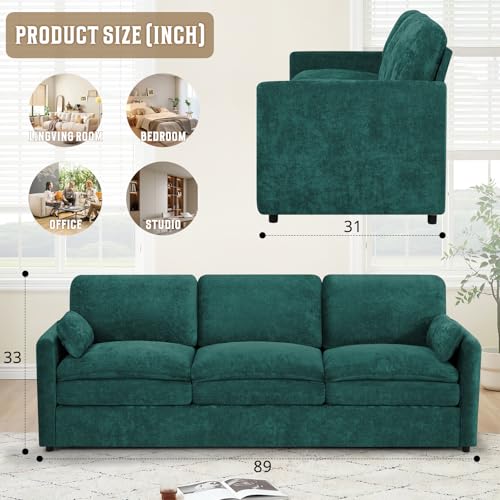 89" Chenille 3 Seats Sofa with 2 Pillows, Teal | Modern Upholstered Sofa with Deeper Seats, Comfy Sofa with Thickened Cushions for Living Room, Apartment - color: Teal, size: Sofa