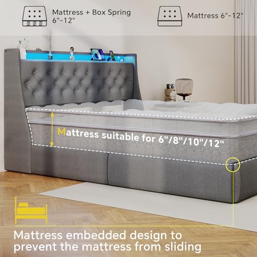 SADENICEL Queen Bed Frame with 2 Storage Drawer, Queen Size Bed Frame, Grey | Headboard with Charging Station and LED Lights, Metal Platform Bed with Storage Shelf, Noise Free, No Box Spring Needed - size: Queen, style: 2 Storage Drawer