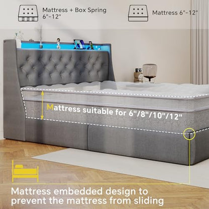 SADENICEL Queen Bed Frame with 2 Storage Drawer, Queen Size Bed Frame, Grey | Headboard with Charging Station and LED Lights, Metal Platform Bed with Storage Shelf, Noise Free, No Box Spring Needed - size: Queen, style: 2 Storage Drawer