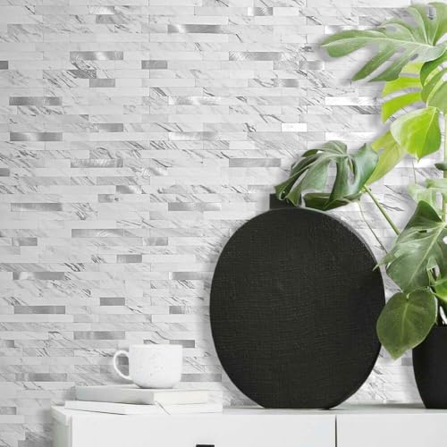 DICOFUN 10 Sheets Marble Look Peel and Stick Backsplash Wall Tile, PVC Kitchen Backsplash Peel and Stick in White, 9.4 sq.ft - color: White Stone and Metal Silver, size: 10 Sheets, 12’’x12’’x0.12’’
