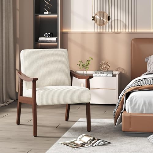 Yaheetech Corduroy Accent Chair, Mid-Century Modern Armchair with Solid Wood Legs, Reading Leisure Chair with High Back for Living Room Bedroom Waiting Room Beige | Corduroy Chair with Solid Wood Legs, Cozy Reading Leisure Chair for Living Room, Bedroom,