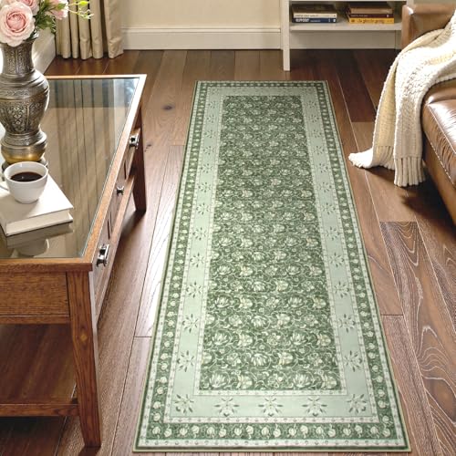 Lahome Green Washable Runner Rug, Low Plie Soft 2x6 Runner Rug Non Slip Kitchen Runner, Vintage Floral Carpet Runners for Bedroom Entryway Bathroom (2'x6', Green) - color: Green, size: 2' x 6'