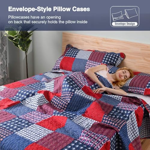 Ycosy Plaid Quilt Set Twin Size Country Patchwork Bedding Set Lightweight Reversible Bedspread Coverlet Set Red Blue Pliad Quilts Soft Home Collections with 2 Pillow Shams - color: Red Plaid Quilt, size: Twin