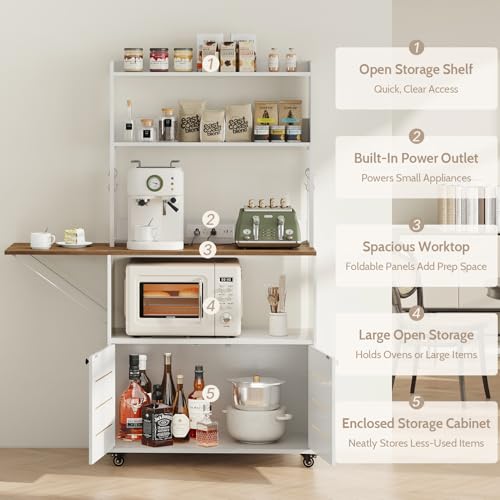 Bakers Rack with Power Outlet and Storage, 5-Tier Microwave Stand | Farmhouse Kitchen Hutch with Cabinet and Wheels, Coffee Bar with Foldable Side Table, Storage Shelves, 6 Hooks, White - color: White