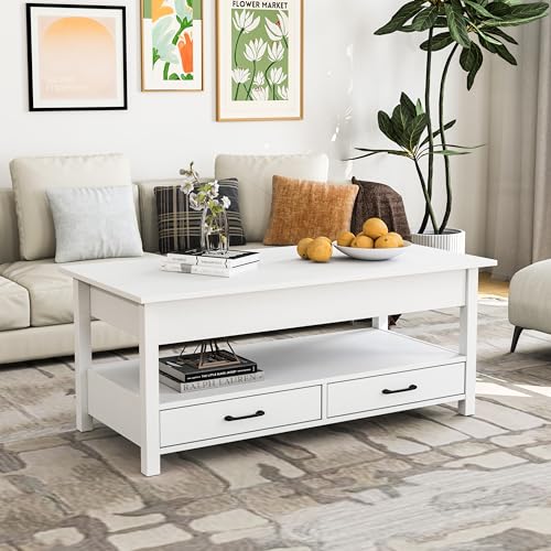 Panana Coffee Table, Lift Top Coffee Table with Hidden Compartment, 2 Drawers and 1 Open Shelf, Retro Central Wooden Table Lift Tabletop for Living Room (White) - color: White