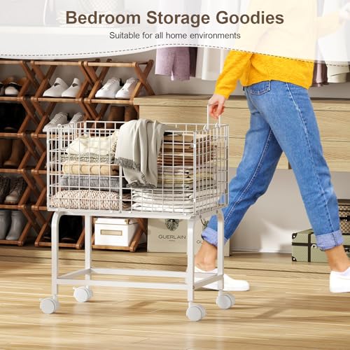 Laundry Basket with Wheels,80L Wire Rolling Laundry Basket with Pull Handle,White High Laundry Cart for Laundry Room,Bathroom,Bedroom-White(23.6 * 15.75 * 28inch) - style: Medium Oblong-White